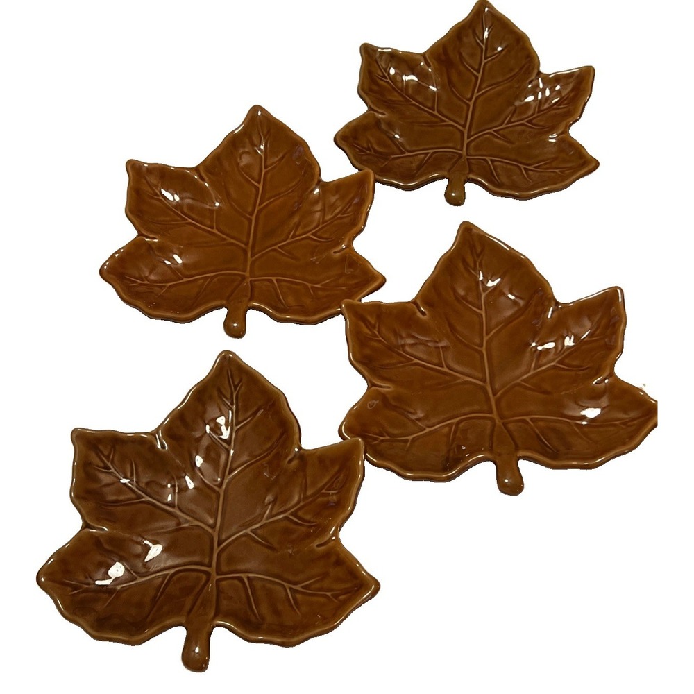 Pottery Barn BROWN Harvest Maple Leaf Salad Apps Dinner Plates Set Of 4 10"